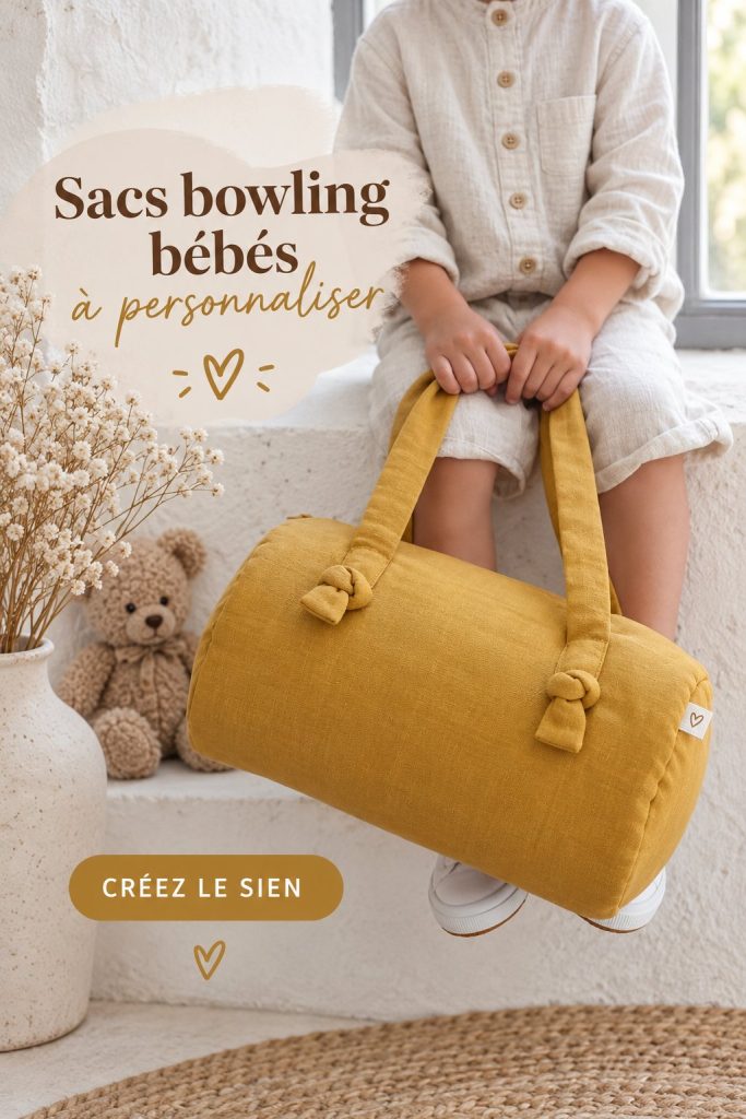 Sac à bowling personnalisé pour bébé sur une table en bois