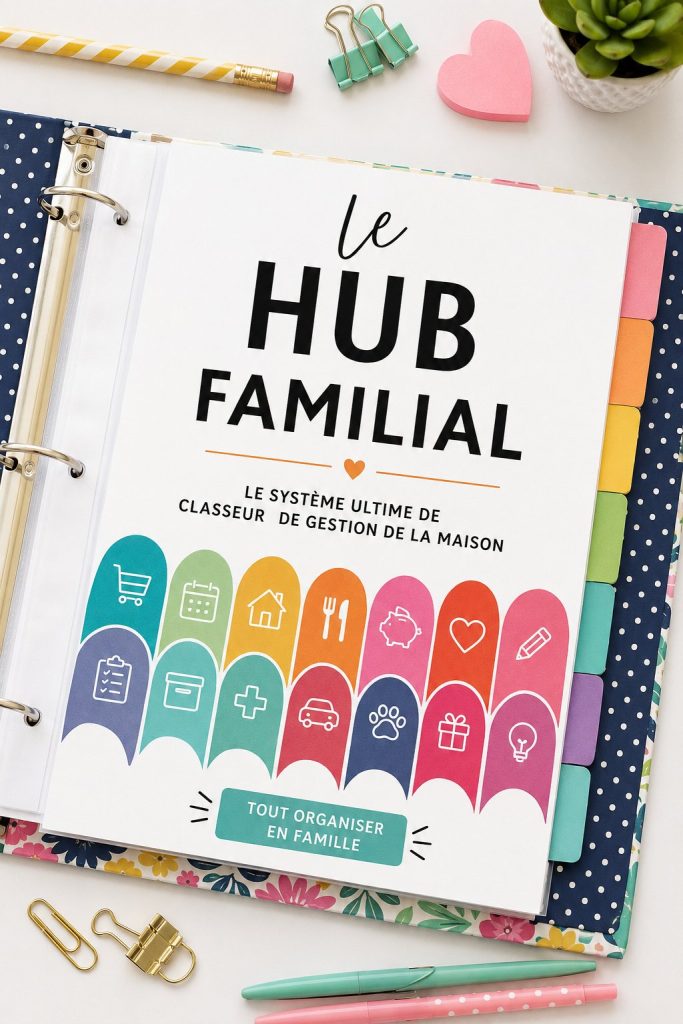Un carnet de gestion familiale organisé sur une table avec des fournitures de bureau