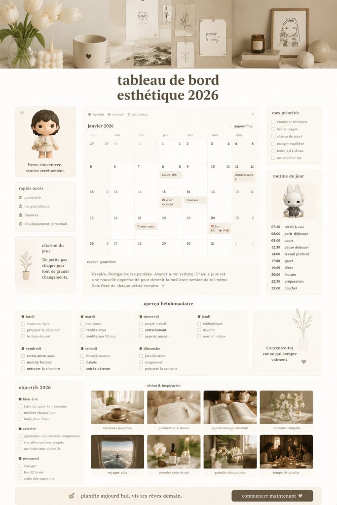 Tableau de bord esthétique inspirant avec des éléments de décoration modernes.