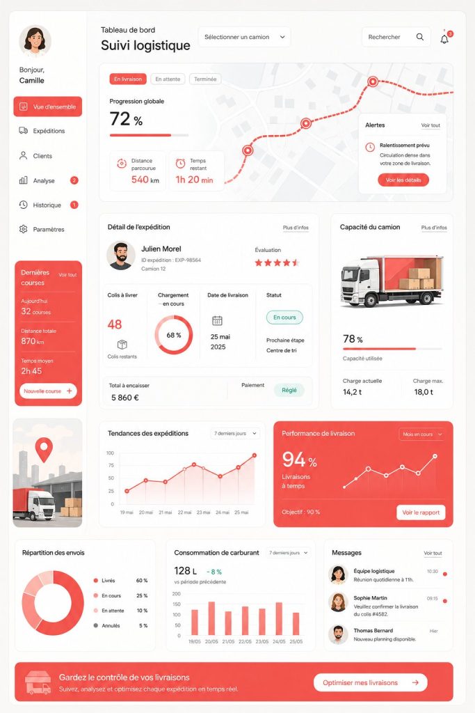 Tableau de bord logistique sur un écran d'ordinateur avec des graphiques de performance