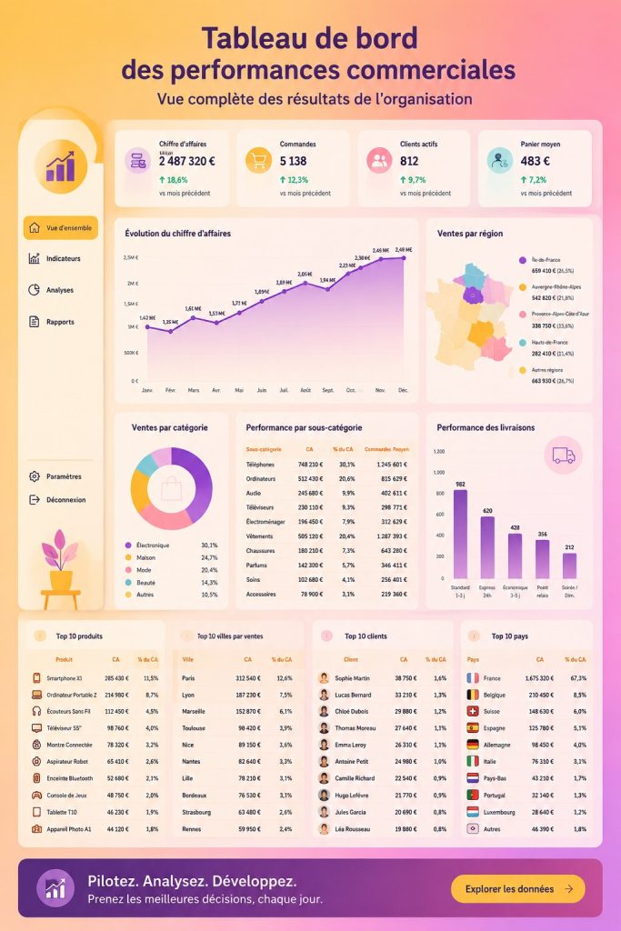 Tableau de bord illustrant la performance des ventes d'une entreprise avec des graphiques et des indicateurs clés.