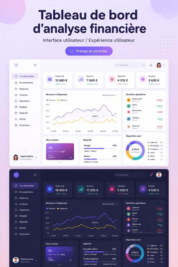 Un tableau de bord financier moderne et épuré, illustrant des graphiques et des données analytiques