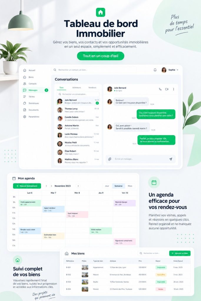 L'interface du tableau de bord immobilier Naver, montrant des fonctionnalités de gestion de biens.