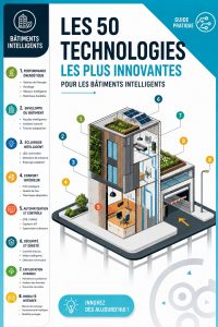 Un bâtiment intelligent moderne avec des panneaux solaires et des technologies connectées.