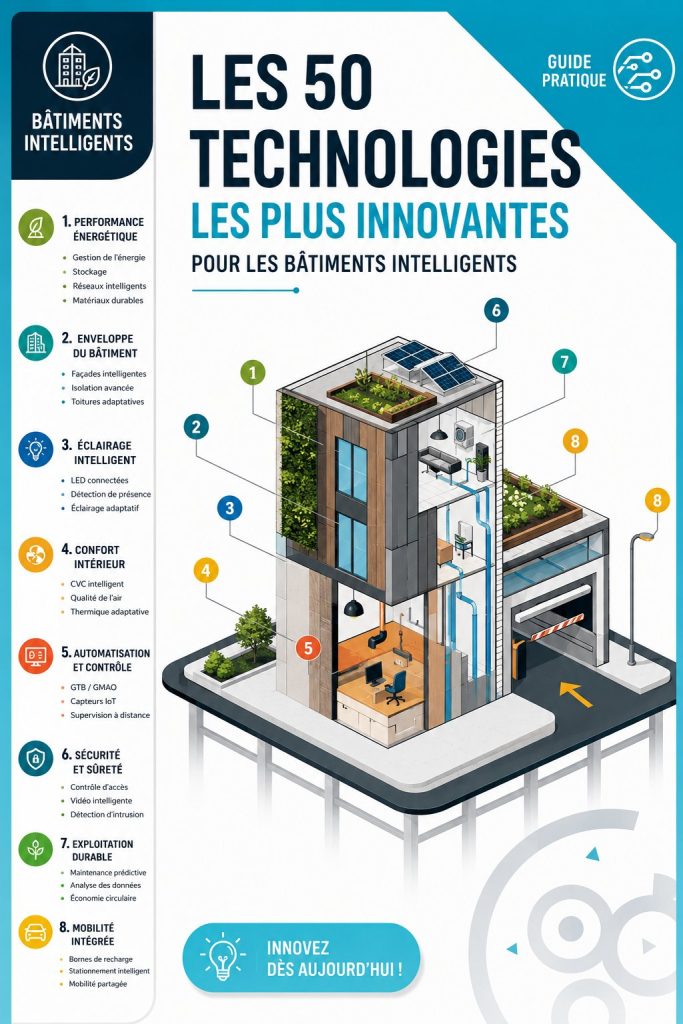 Un bâtiment intelligent moderne avec des panneaux solaires et des technologies connectées.