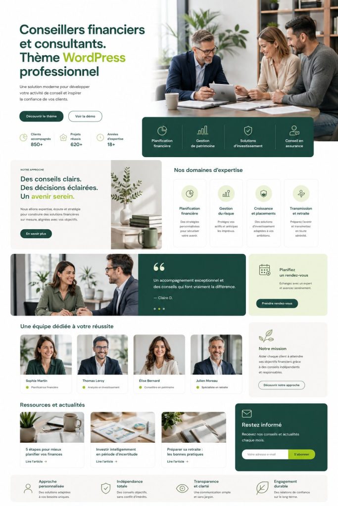 Capture d'écran du thème Finovate pour un site de conseils financiers sur WordPress
