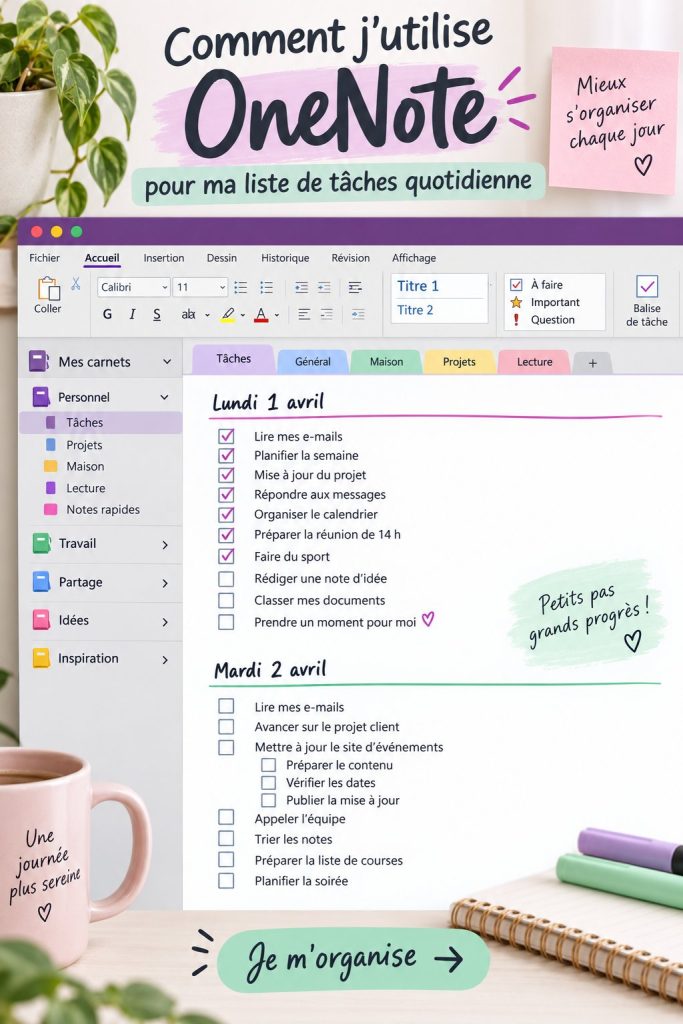 Capture d'écran de OneNote montrant une liste de tâches organisée.