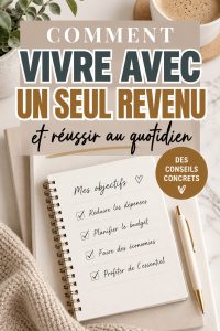 Femme souriante à la maison, organisant son budget familial, illustrant la gestion des finances avec un seul revenu.