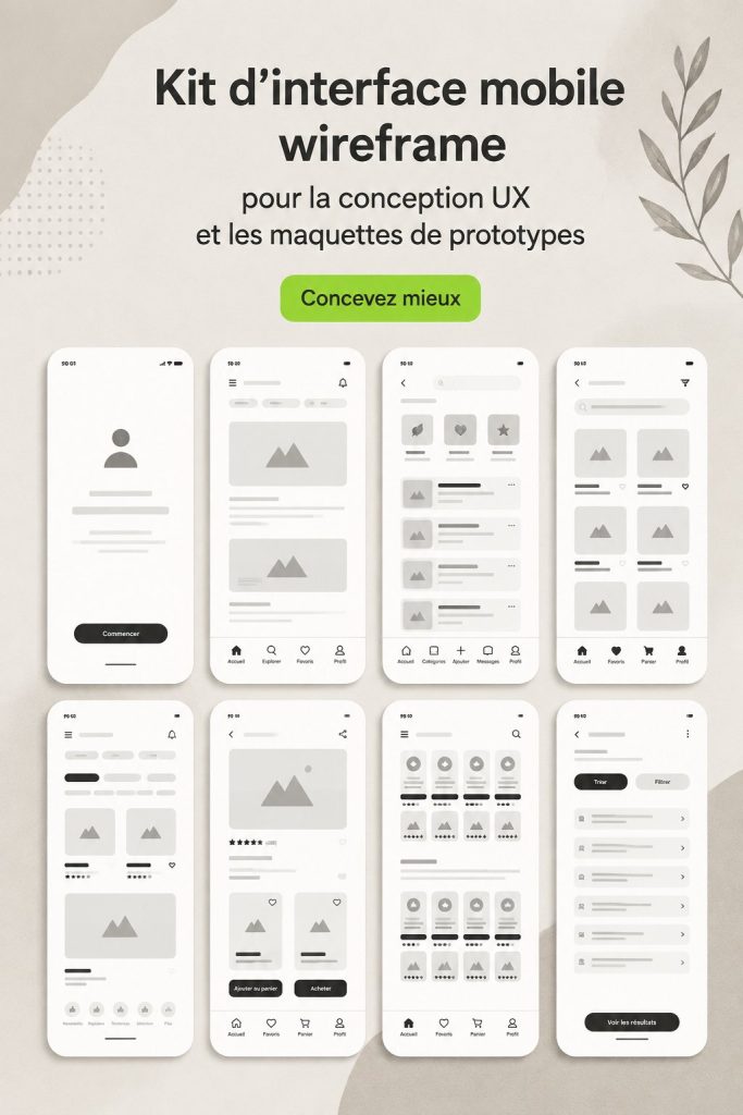Exemple de wireframe mobile sur fond clair, montrant une interface de design professionnelle.