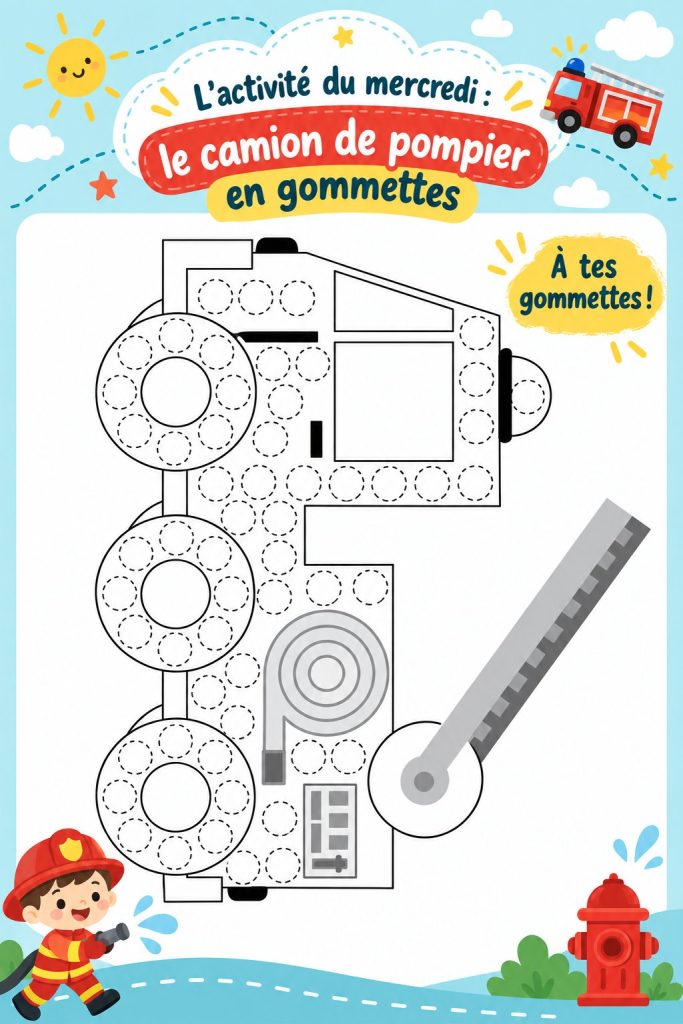 Un camion de pompier coloré fait de gommettes présenté sur une table, illustrant une activité manuelle pour enfants.