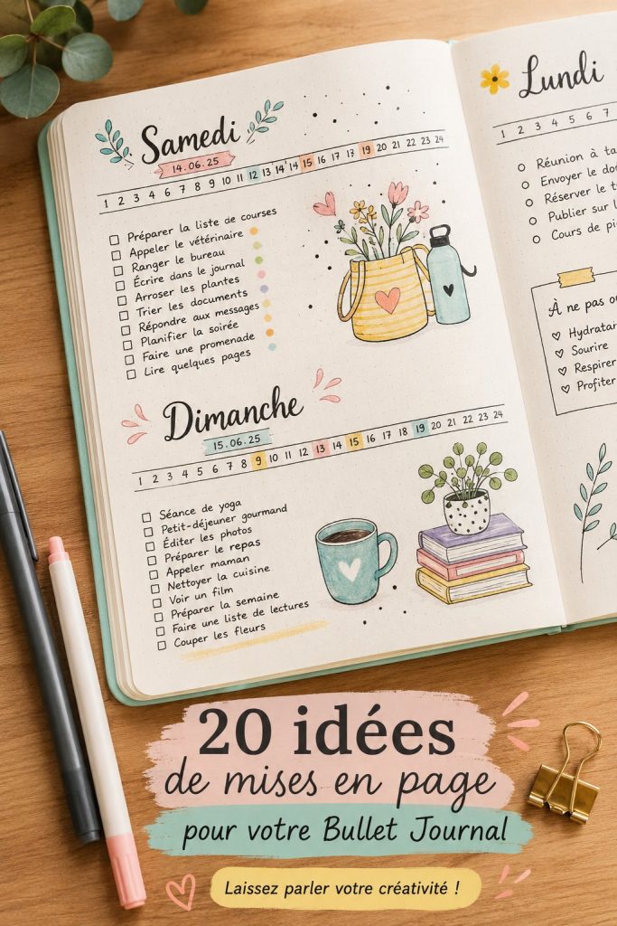 Mise en page colorée et créative d'un Bullet Journal sur une table en bois.