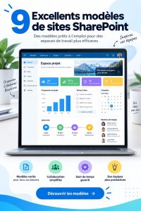 Femme utilisant un modèle SharePoint sur son ordinateur au travail, collaborant avec son équipe de manière efficace.