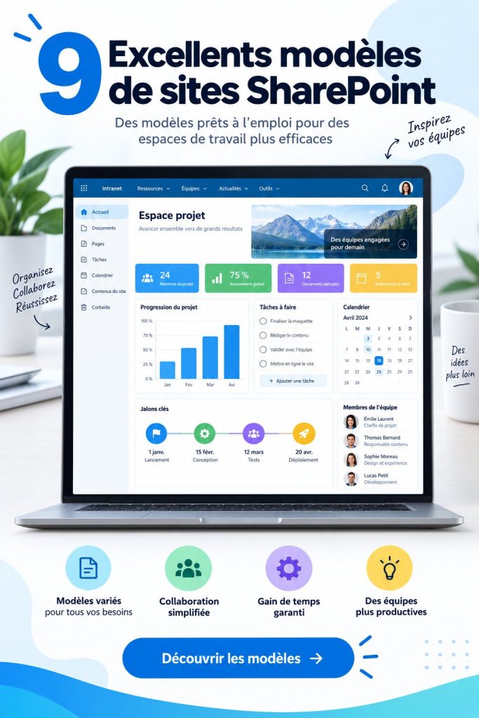 Femme utilisant un modèle SharePoint sur son ordinateur au travail, collaborant avec son équipe de manière efficace.